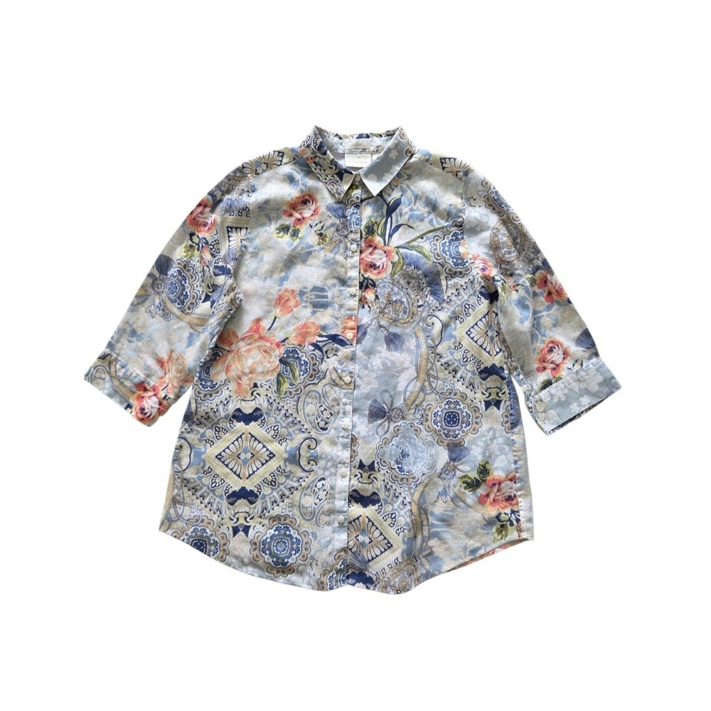 Chico's 100% Linen no-iron 3/4 Sleeve Collared Floral Paisley Buttoned Shirt M
